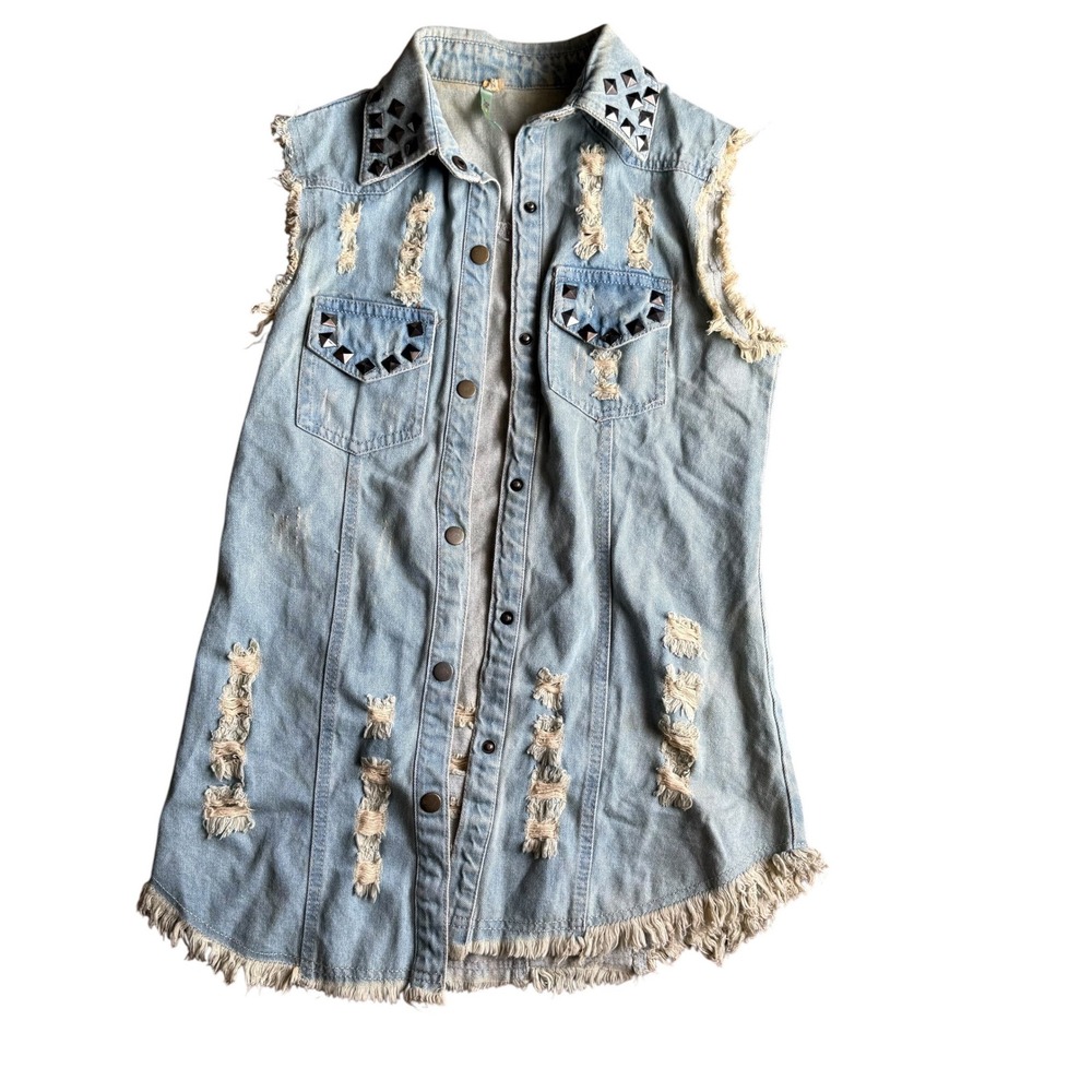 36point5 Denim Vest/Tunic Women Medium Light Blue Studded Distressed Punk